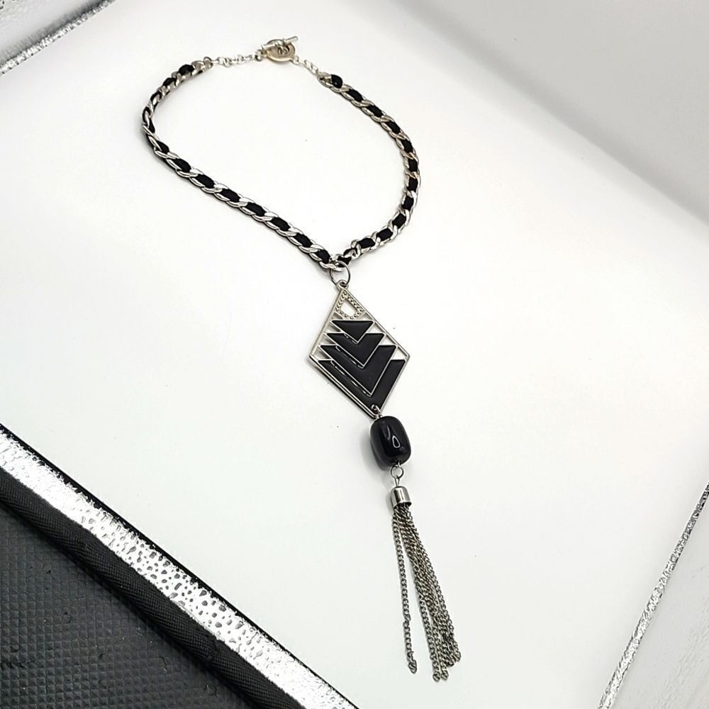 Handmade midnight elegance tassel Silver and Black necklace
